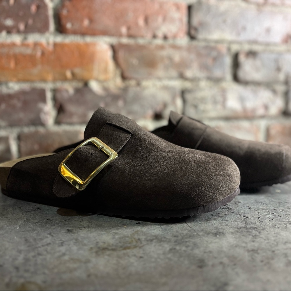 Madden Girl Brown Suede Mules with Gold Buckle